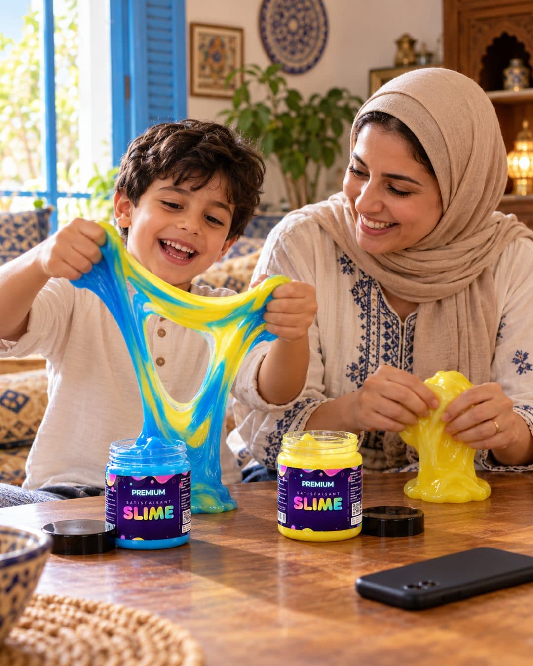 أم وولدها يلعبو بالسلايم على الطاولة